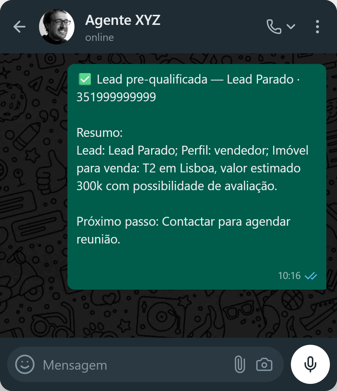 Notificação ao agente com resumo do lead pré-qualificado